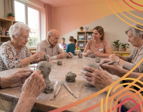 Bewoners werken met klei aan een ronde tafel in de huiskamer