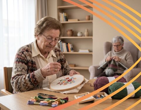 Bewoner borduurt een bloemmotief in een borduurring, met borduurgaren op tafel