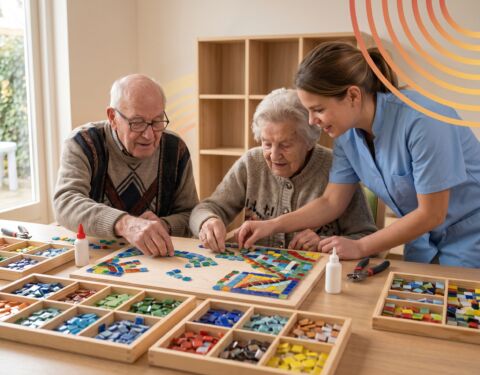 Bewoners leggen samen met een begeleider mozaïeksteentjes uit een sorteerbak